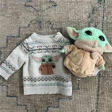 Star Wars Mandalorian Grogu Baby Yoda Knit Sweater Kids Oatmeal Heather