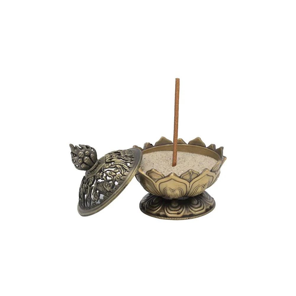 Lotus Incense Burner 8cm – Bronze Holder with 8 Auspicious Signs