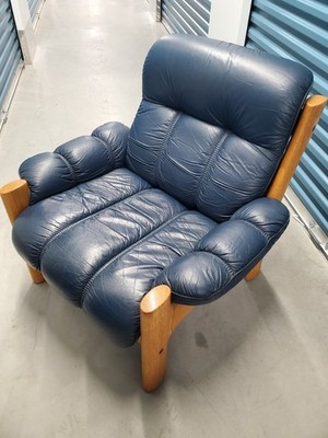 Vintage J. E Ekornes Blue Leather Armchair, Medium Wood Tone Wood Frame NO RIPS
