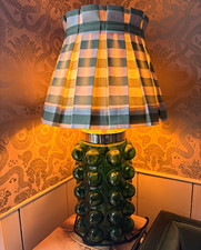 Green Glossy Glass Table Lamp w/ Gingham Fabric Bell Shade, Vintage/Retro