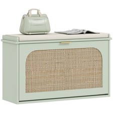 HOMCOM Boho Shoe Bench with Padded Seat and Flip-Drawer, Light Green