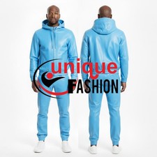 Men's Sky Blue Real Leather TrackSuit Sweatsuit With Hoodie Jacket And Trousers
