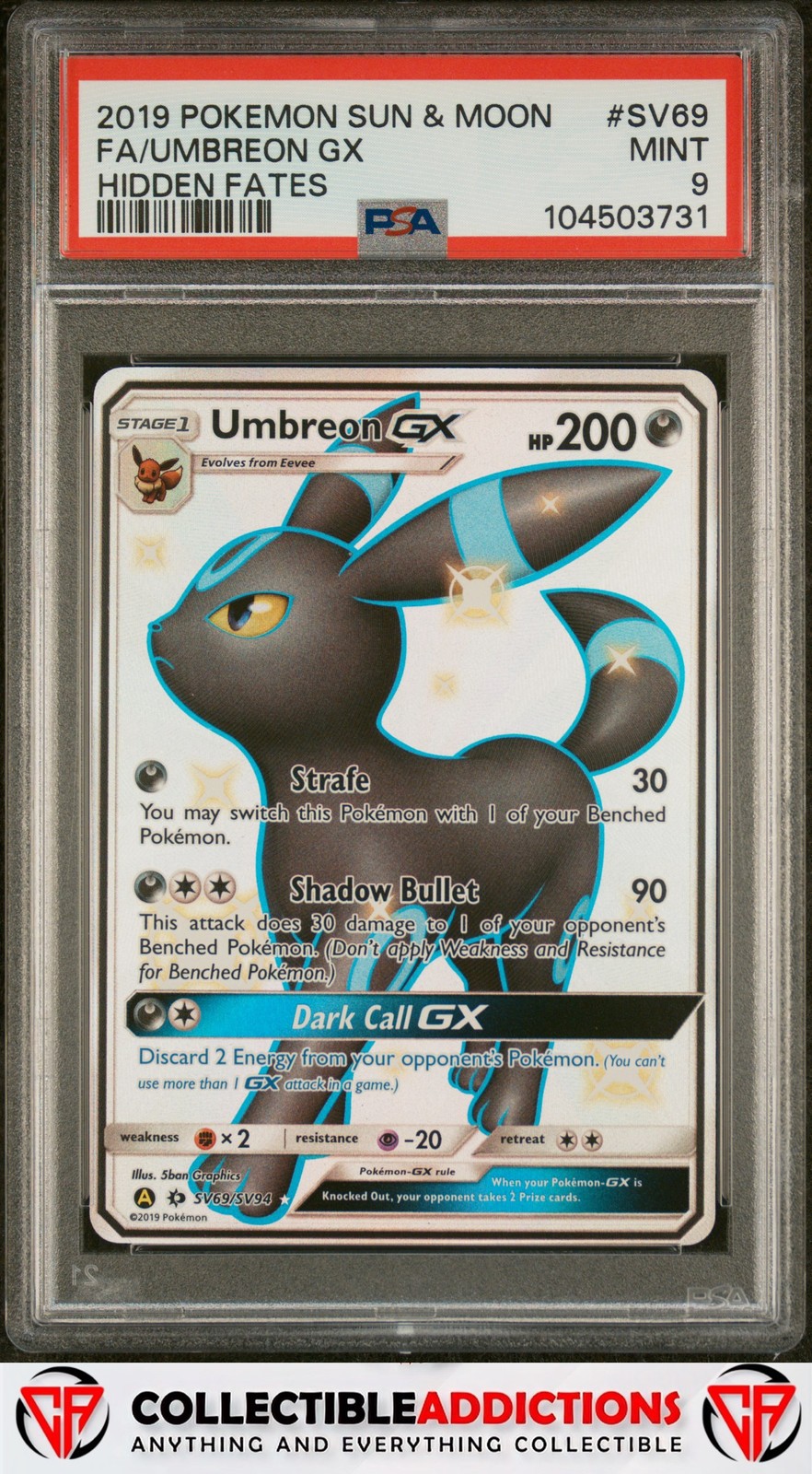 2019 Pokemon Sun & Moon Hidden Fates #SV69 Umbreon Gx Hidden Fates PSA 9