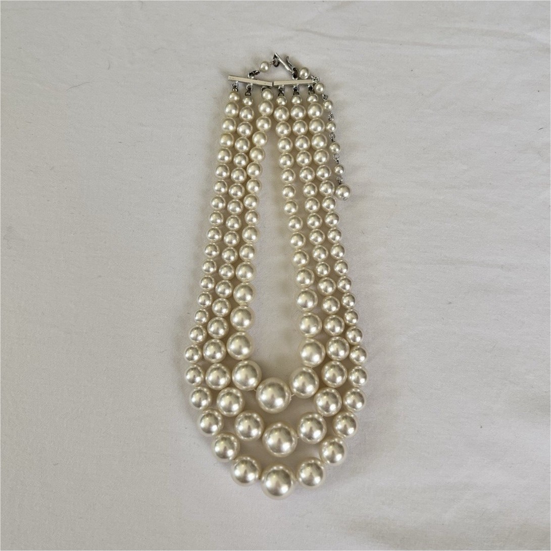 Three Strand Layered Statement Necklace White Imi… - image 3