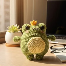 Handmade Crochet Frog Plush, Amigurumi Toy, Crown Frog Doll, Gift