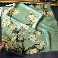 100 Silk Scarf Women Vintage Green Flowers Kerchief Square Bandana Wrap 68 68cm