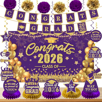 Purple and Gold Graduation Decorations Class of 2026 Grad Party Decor Pack: Cong