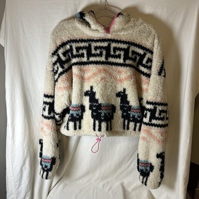 AERO Sherpa Cropped Hoodie Llama Print Southwestern Aztec Teddy Fleece Size M
