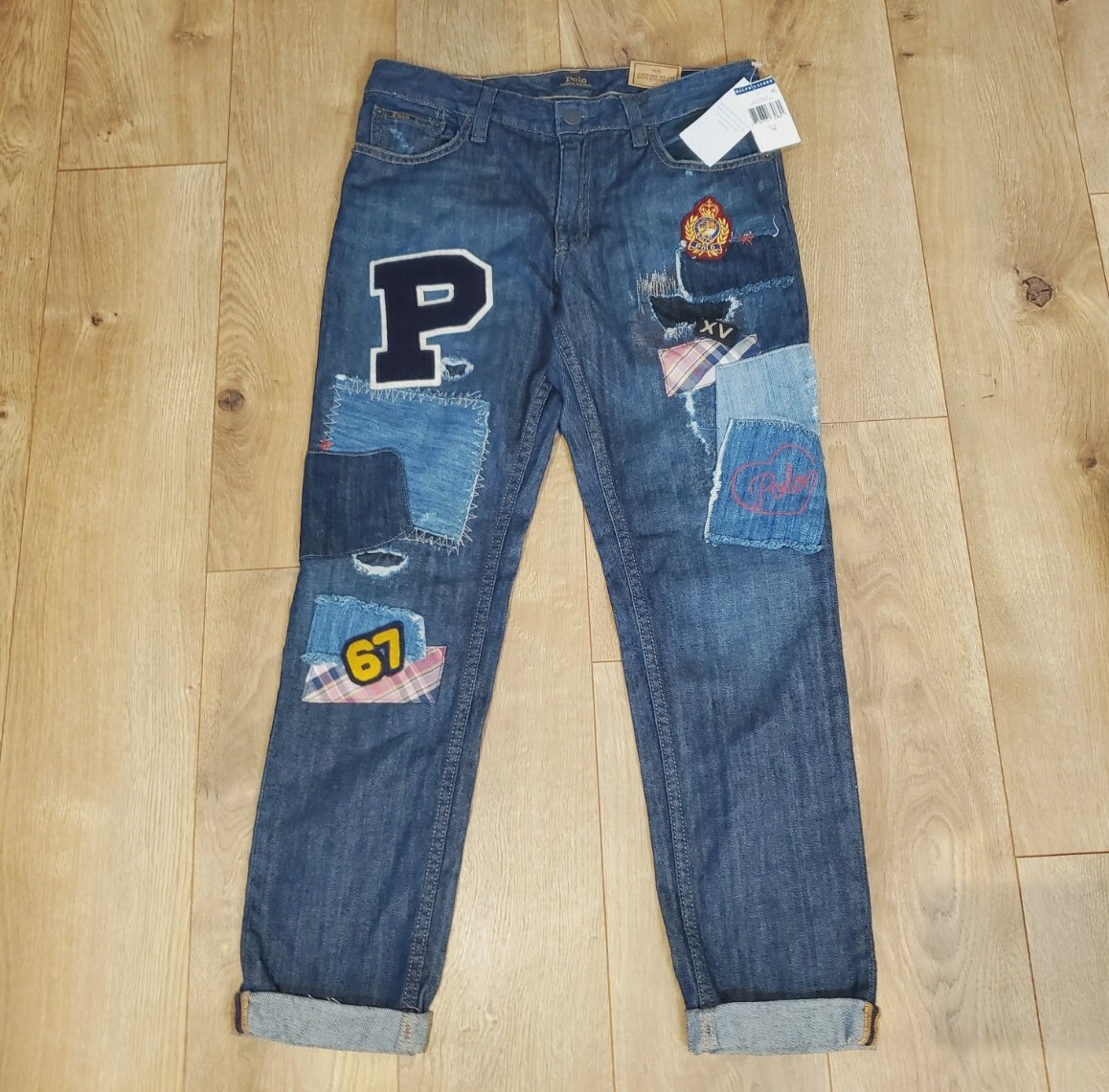 NWT Polo Ralph Lauren BLUE The Astor Slim Boyfriend Patched Jeans GIRLS US  14