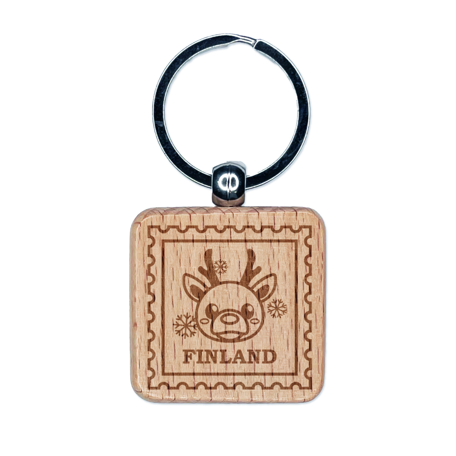 Finland Travel Reindeer Engraved Wood Square Keychain Tag Charm