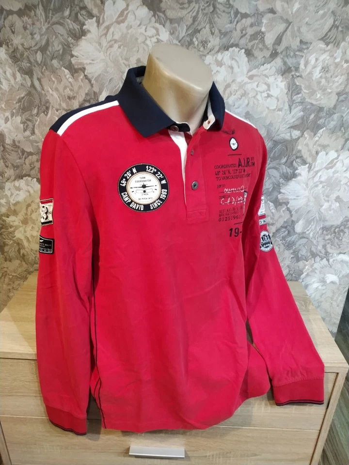 Camp David men's polo t- shirt long sleeve red multi color size S - Image 3 of 4