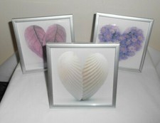 CUORE di Foglie, di Conchiglie, di Fiori 3 Piccole Stampe 5.375" Cornice Metallo Argento