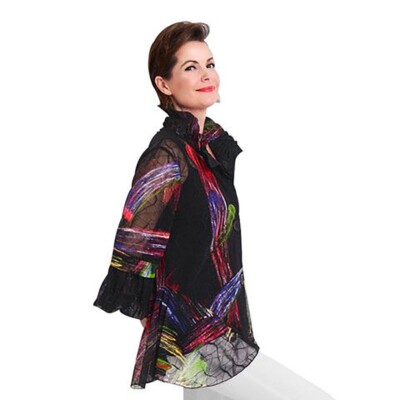 Damee Inc Women's L Black Multi Brush Stroke Mesh Blouse Top Art to Wear