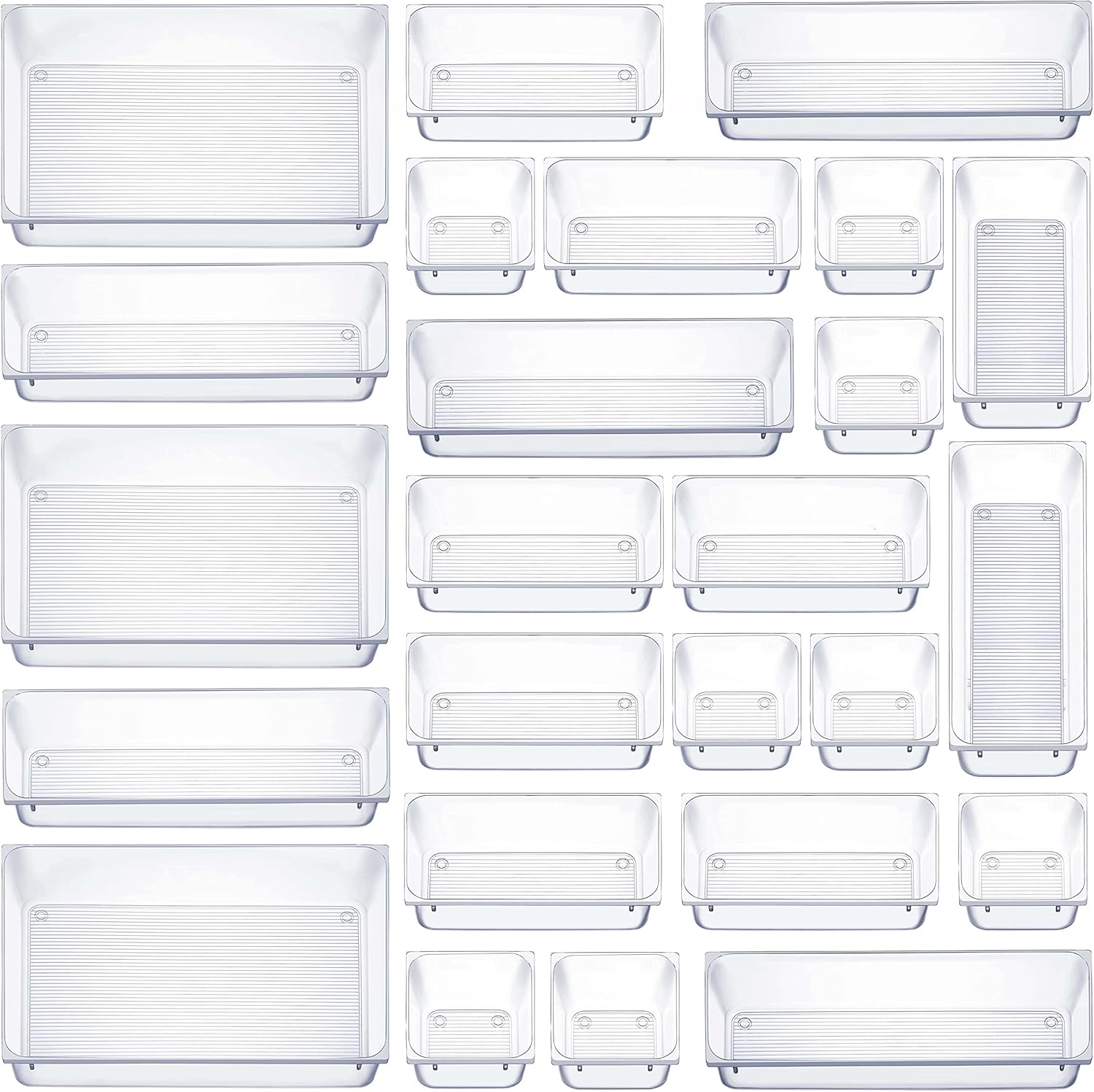 25-Piece Clear Plastic Drawer Organizer Set in 4 Sizes for Bathroom & Vanity Storage