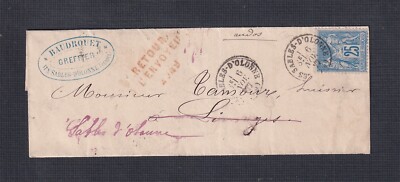 FRANCE 1877 25C SAGE ON RETURNED FOLDED LETTER LES SABLES D OLONNE TO LIMOGES