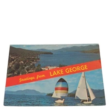 Postcard Greetings From Lake George New York Sailboat Aerial View Chrome Posted