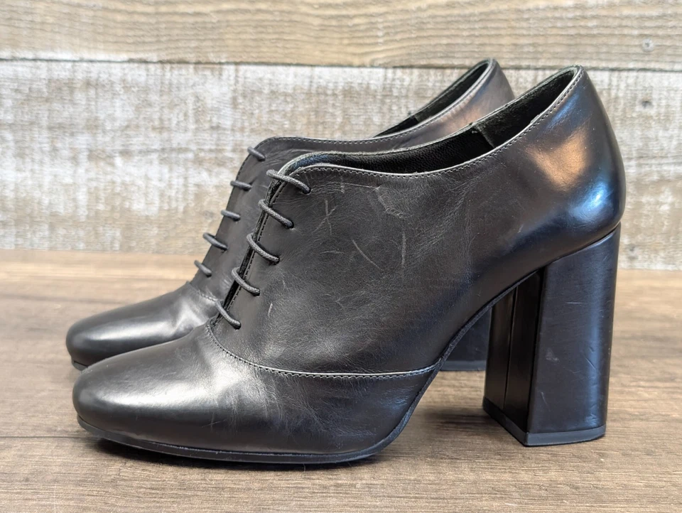 Botines UTERQUE de cuero negro con cordones estilo Oxford de tacón ancho para mujer 36/6 Foto 4 de 4