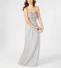 299 Adrianna Papell Women Silver Beaded V-Neck A-Line Gown Formal Dress Size 12