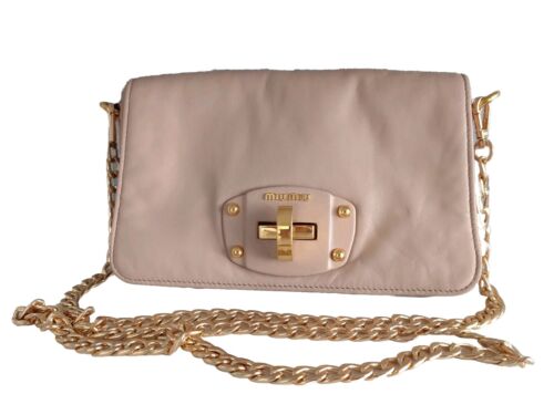 MIU MIU WOC Wallet Chain Crossbody Shoulder Clutch Bag Purse Handbag Beige Gold - 第 1/18 張圖片