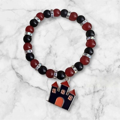 Halloween Stretchy Bracelet With Haunted House, Charm, Red And Black ￼