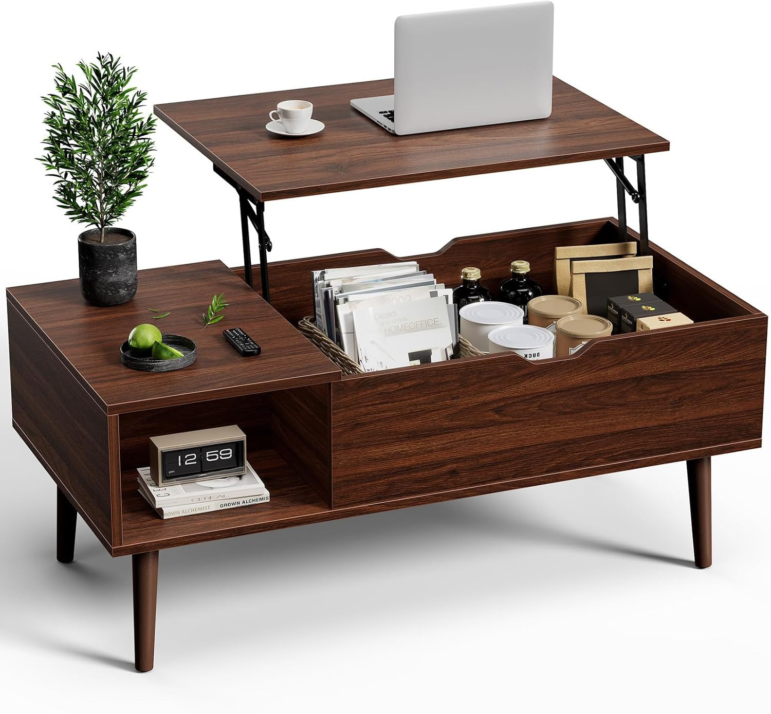Wood Lift Top Coffee Table with Hidden Compartment and Large Storage Shelf, Lift