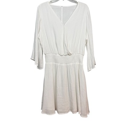 VIVANCE Flowy Flare Sleeve Dress, Natural White, Faux Wrap, Size Large (Eur 44)