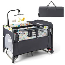 Foldable 4 in 1 Baby Nursery Center Toddler Bedside Crib W/ Music Box Black