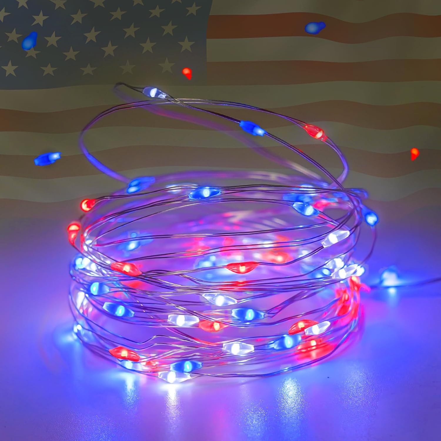 Christmas Fairy Lights Decorations, 4th of July 4 pack 50 LED, Red Blue White