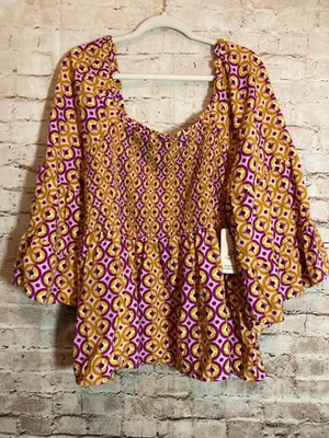 Terra & Sky Peasant Top Womens 2X Purple & Gold Retro Smocked Boho Hippie Plus