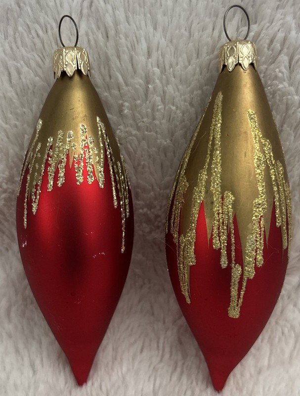 Vintage Red Gold Glitter Drop Handblown Glass Drip Ornament West Germany LotOf2