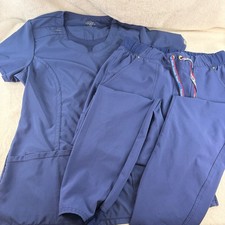 Cherokee Infinity Women's Scrub Set Navy Blue Split Round Neck Top Joggers M GUC