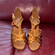 International Dance Shoes Heels Tan Satin, Made In England Latin Sz 5 1/2 W