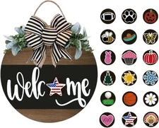 Interchangeable Wooden Seasonal Welcome Sign, Rustic Round Wreath for Black 