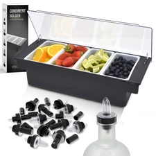 Esatto Bar Condiment Holder with Garnish Tray & 12 Liquor Pourers - Black