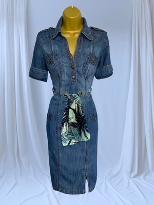 Karen Millen UK 12 VINTAGE MILITARY STUDDED DENIM SCARF BELT SHIRT DRESS - Image 1 of 4