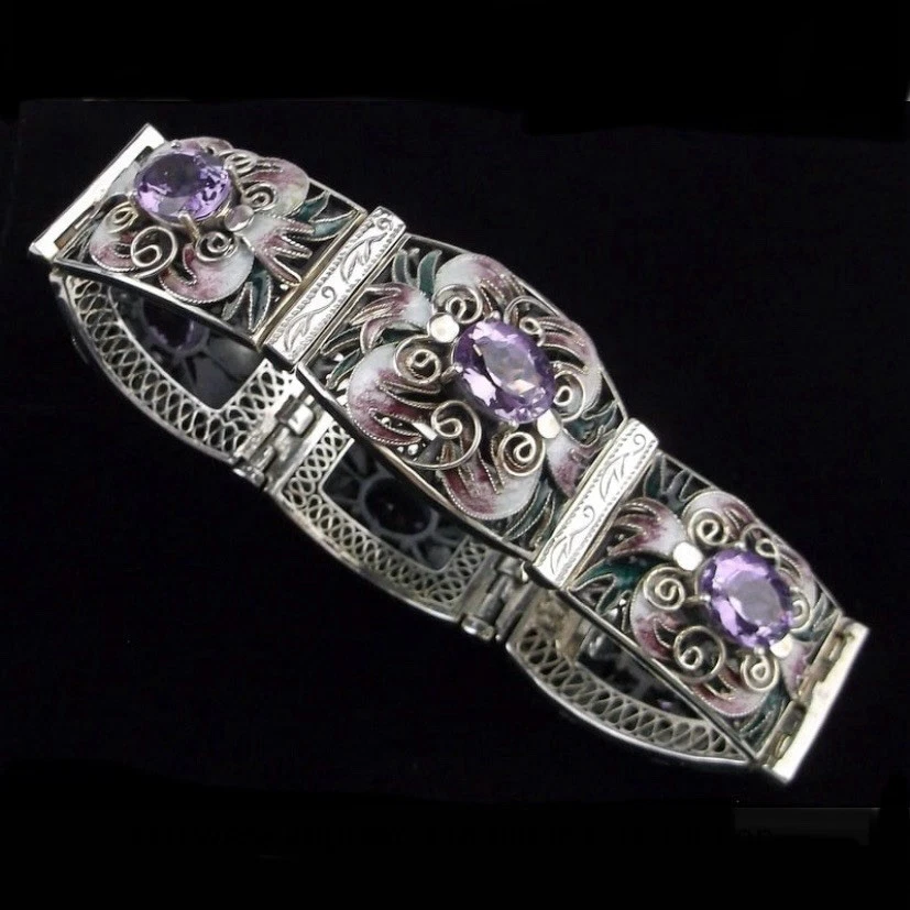 Big Sterling Silver Guilloche 9ct Amethyst Bracelet 7.5" Heavy - Image 3 of 4