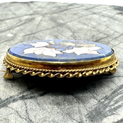 Antique 14K Pietra Dora Brooch Vibrant Lapis Lazuli Backdrop w MOP Petals - Picture 8 of 9