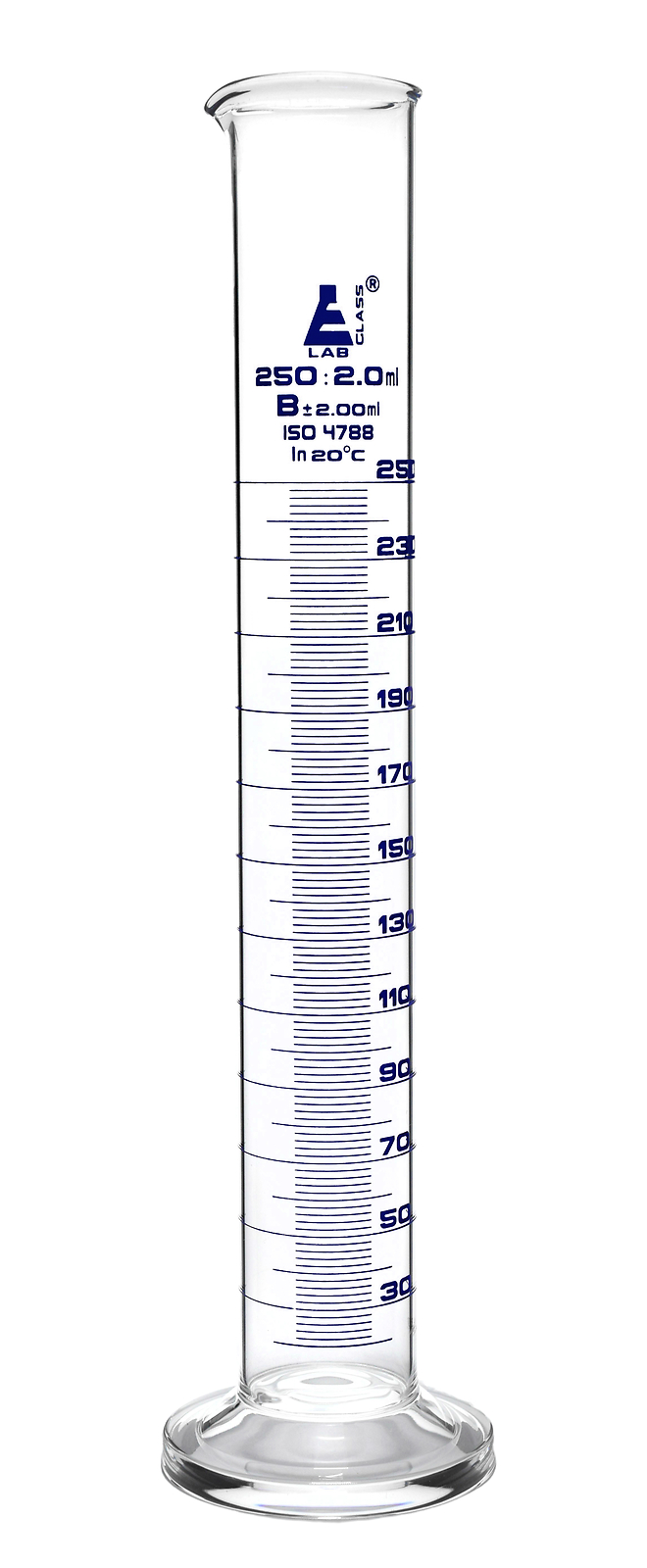 Eisco Labs 250ml Graduated Cylinder, Class B - Blue Graduations, Round Base