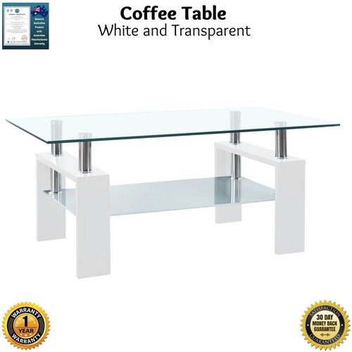vidaXL Coffee Table White and Transparent 95x55x40 cm Tempered Glass Clear NEW - Picture 2 of 11