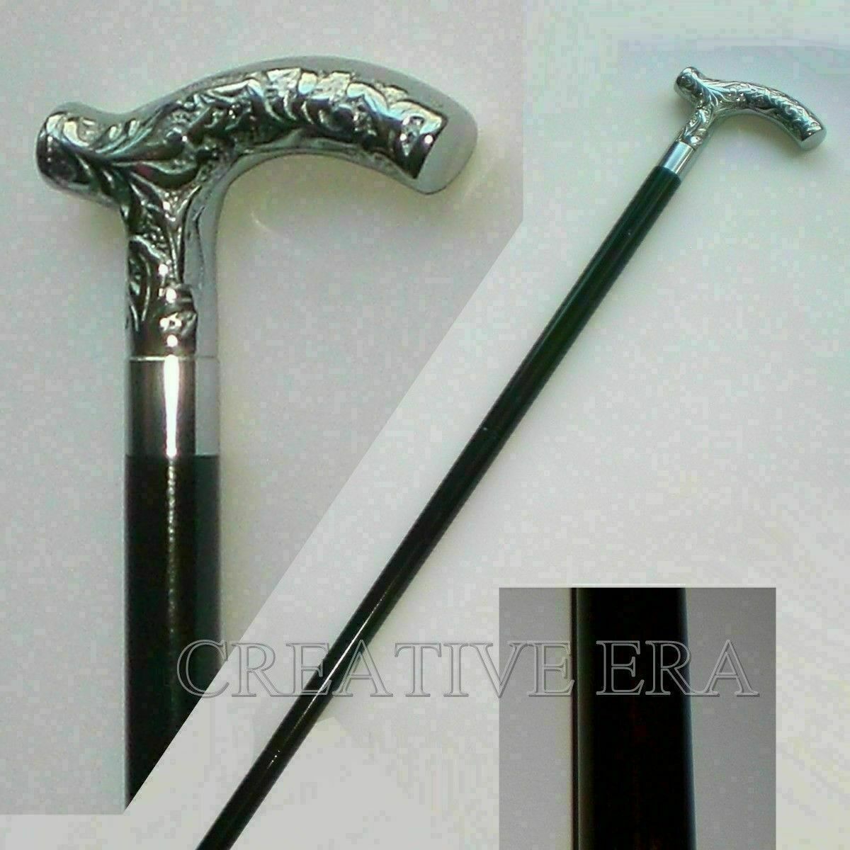 Solid Brass Silver Designer Derby Head Handle Can… - image 1