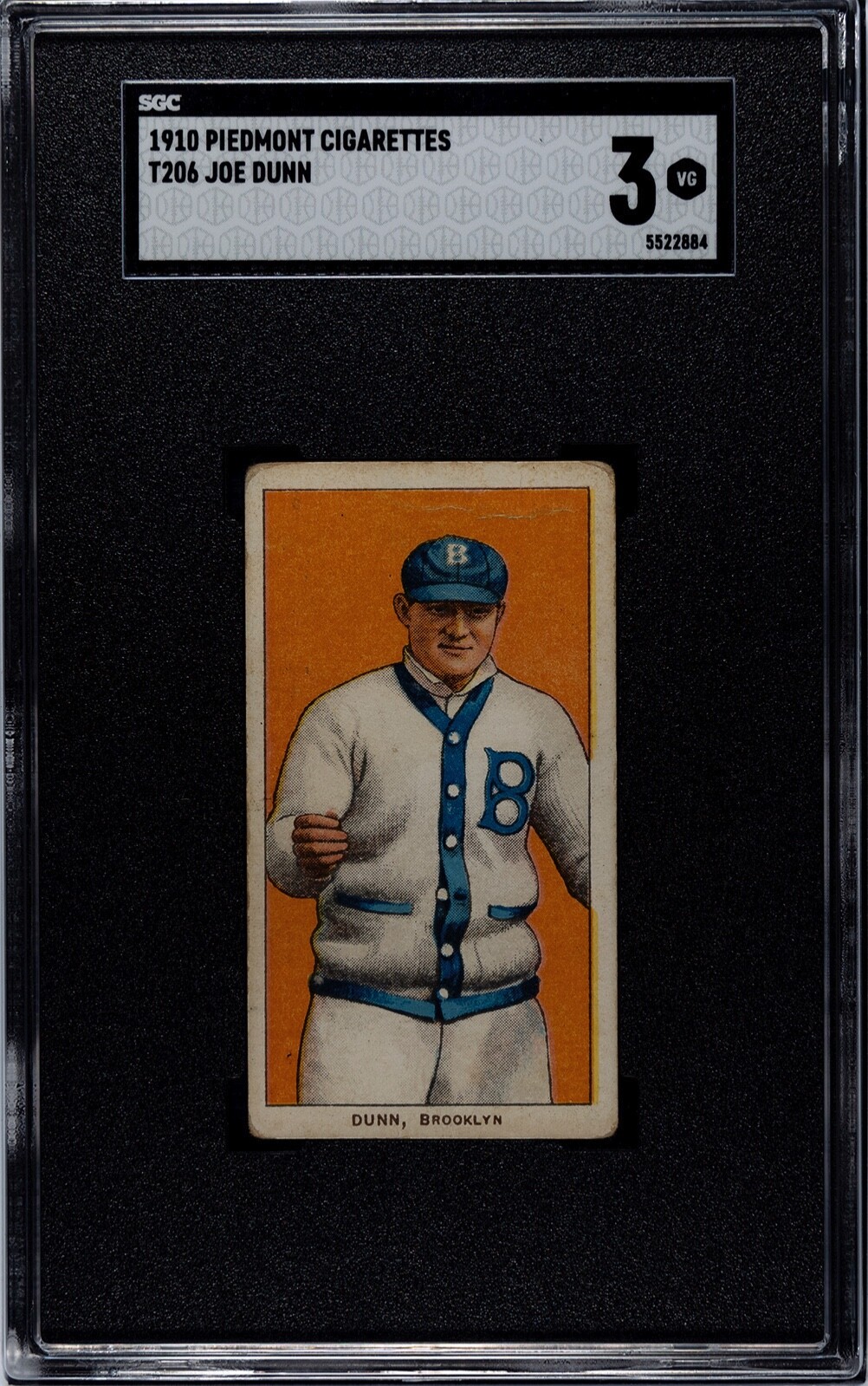 1909-1911 T206 White Borders Joe Dunn Brooklyn Superbas - SGC 3 VG Awesome!