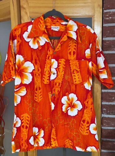 Vintage The Sample Shop Waikiki Hawaii Men’s Orange Hawaiian Shirt Medium