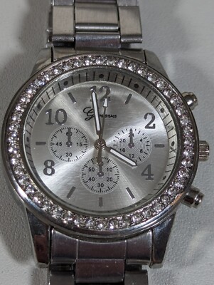 Geneva Silver Tone Dial Round Case Stainless Steel Link Band Watch