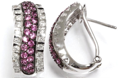 2 ctw Natural Pink Sapphire & Diamond Solid 14k White Gold Curved Omega Earrings