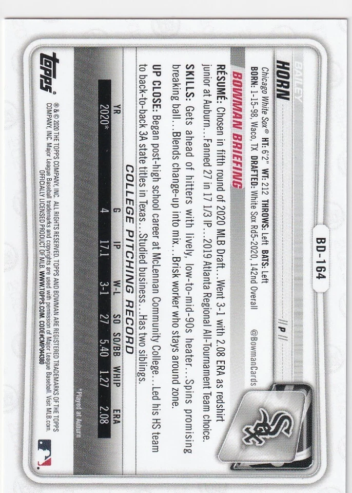 2020 BOWMAN 1ST EDITION RC BAILEY HORN CHICAGO WHITE SOX FIRST ROOKIE S4615 - Image 2 of 2