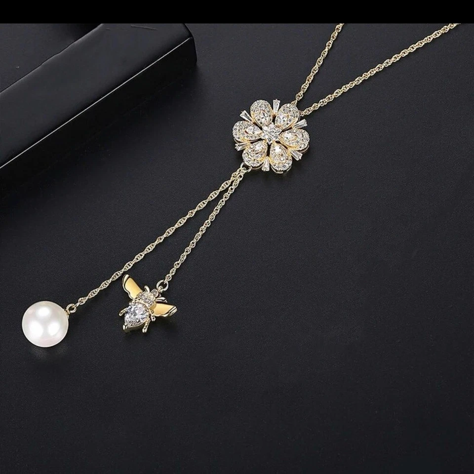 Made With Swarovski Crystals Bee Flower Pearl Necklace S2 - Image 4 of 4