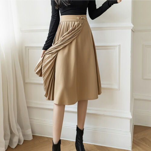 Lady Pleated Skirt Midi High Waist Zip A-line Casual French Black Asymmetric - Picture 6 of 14