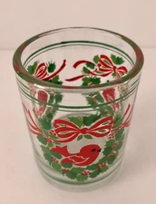 Vintage Christmas Glass Votive Cup Candle Holder Christmas Bird Wreath 2.5” Red