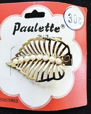 Vintage Hair Barrette - Gold Leaf Barrette with White Bead Design