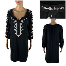 Nanette Lepore Womens 4 Dress Mini Black Tunic Embroidered 3/4 Sleeve Floral